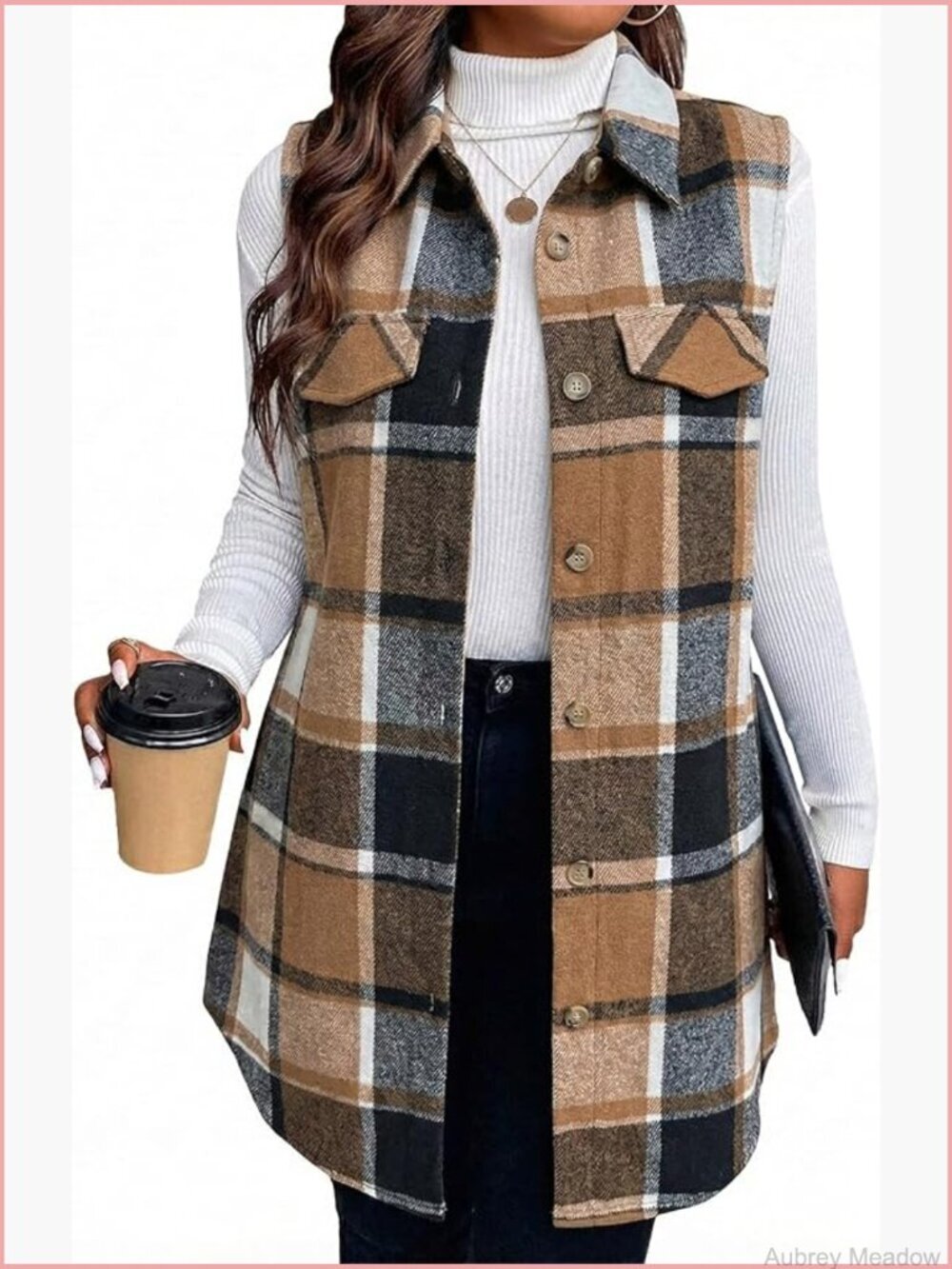 Women's Flannel Plaid Sleeveless Vest Long Jacket with Pockets